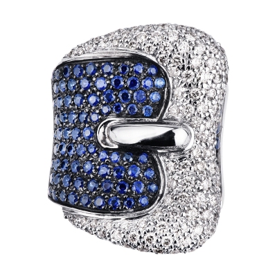 White gold 18k buckle ring with diamonds and blue sapphires 