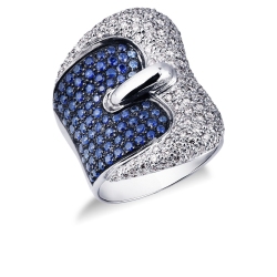 White gold 18k buckle ring with diamonds and blue sapphires 