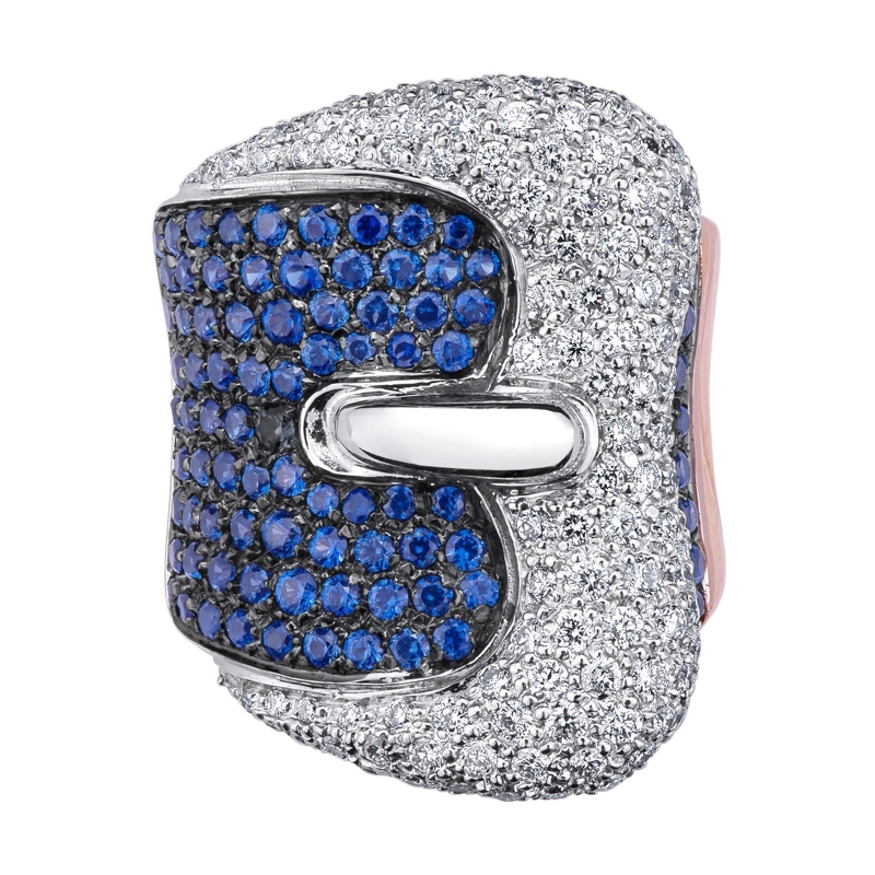 White and rosé gold 18k buckle ring with diamonds and blue sapphire 