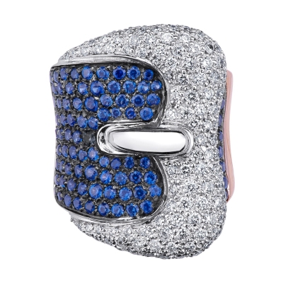 White and rosé gold 18k buckle ring with diamonds and blue sapphire 