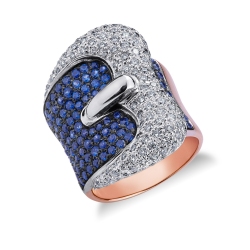 White and rosé gold 18k buckle ring with diamonds and blue sapphire 