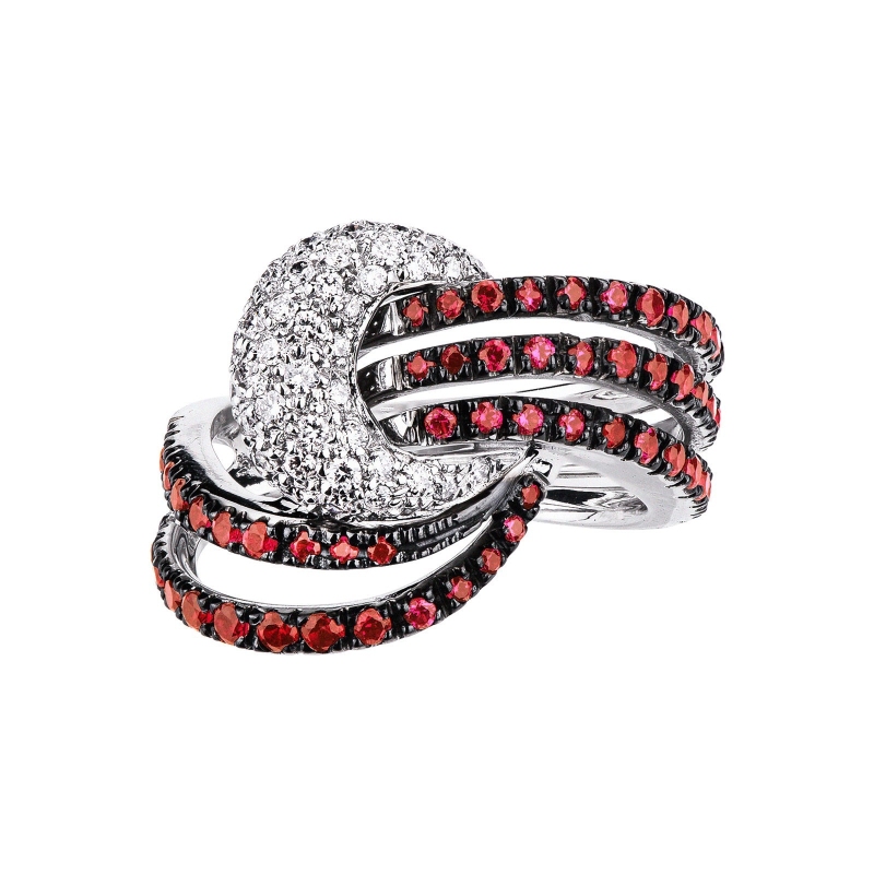White gold 18k knot ring with diamonds and rubies 