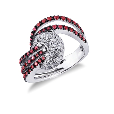 White gold 18k knot ring with diamonds and rubies 