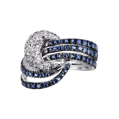 White gold 18k knot ring with blue sapphires and diamonds 