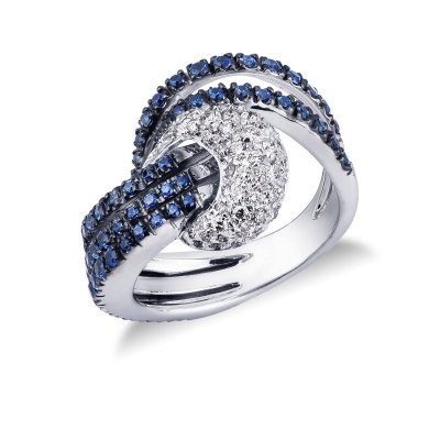 White gold 18k knot ring with blue sapphires and diamonds 