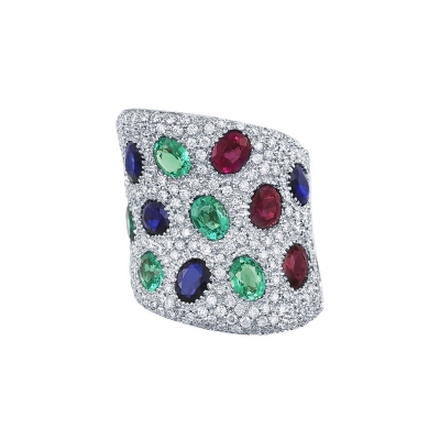 18k white gold ring with diamonds pavé and sapphires, emeralds and rubies 