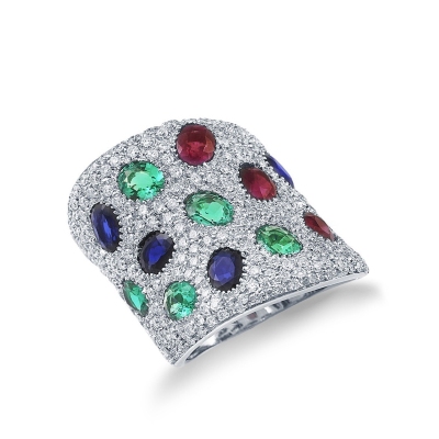 18k white gold ring with diamonds pavé and sapphires, emeralds and rubies 