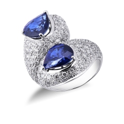 White gold 18k curved shank ring with diamonds and blue sapphires pear cut 