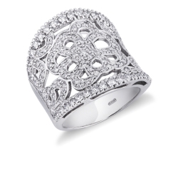 18k white gold band ring with a flower of diamonds 