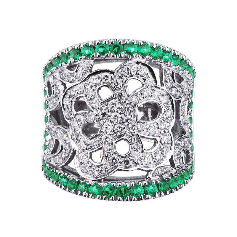18k white gold perforated ring with diamonds and emeralds