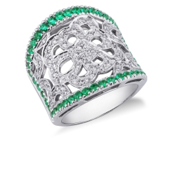 18k white gold perforated ring with diamonds and emeralds
