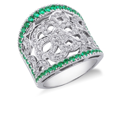18k white gold perforated ring with diamonds and emeralds