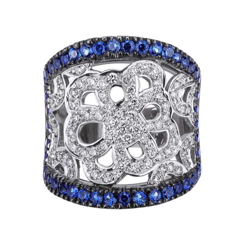Embroided band ring with diamonds and blue sapphires in white gold 18k 