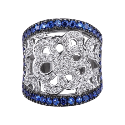 Embroided band ring with diamonds and blue sapphires in white gold 18k 