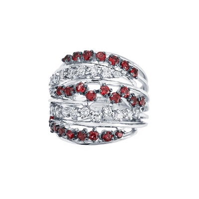 18k white gold band ring with diamonds and rubies