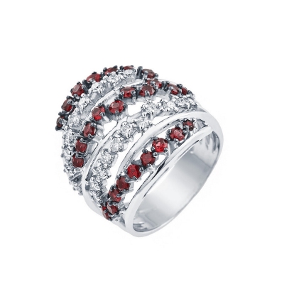 18k white gold band ring with diamonds and rubies