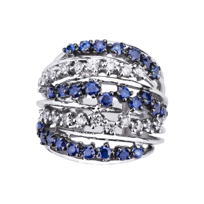 Band ring in white gold 18k with diamonds and blue sapphires
