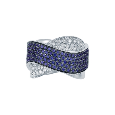 Criss cross ring with waves of blue sapphires and diamonds 