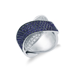 Criss cross ring with waves of blue sapphires and diamonds 