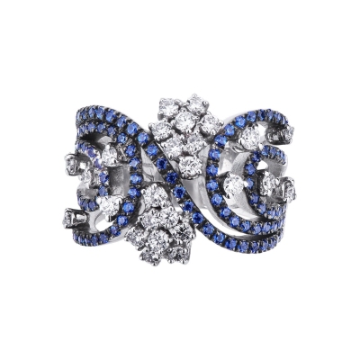 Band ring in white gold 18k with blue sapphires and diamonds 