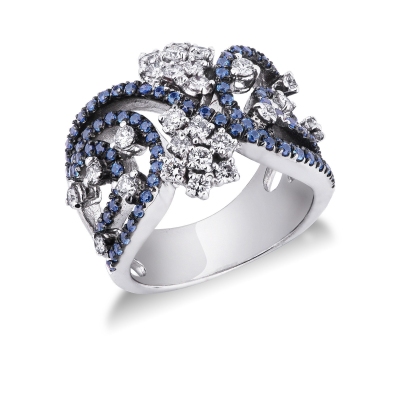 Band ring in white gold 18k with blue sapphires and diamonds 
