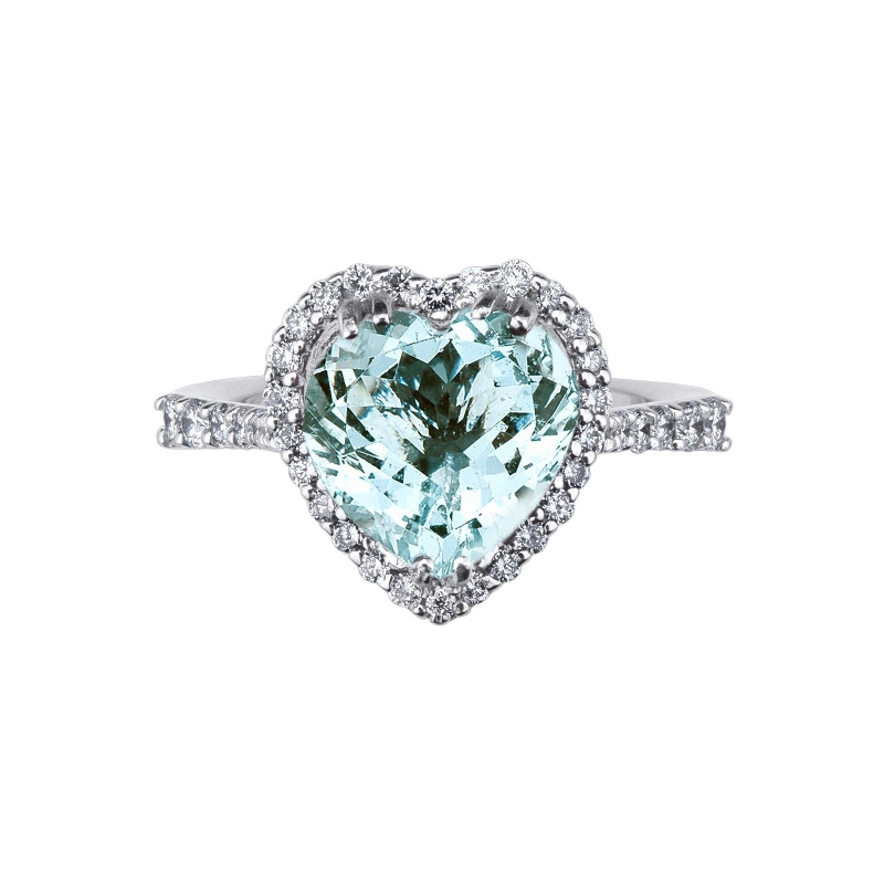 White gold 18k halo ring with aquamarine heart cut and diamonds 