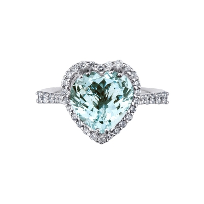 White gold 18k halo ring with aquamarine heart cut and diamonds 
