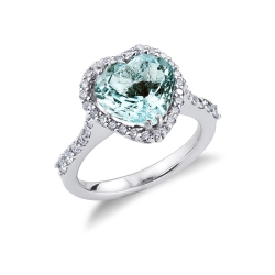 White gold 18k halo ring with aquamarine heart cut and diamonds 