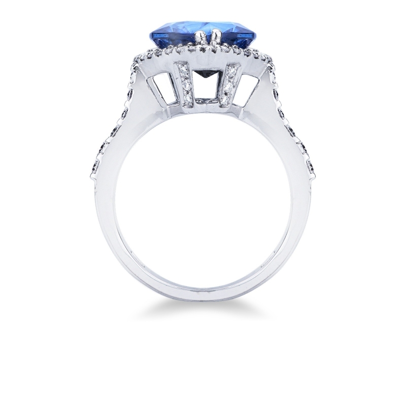 Halo ring white gold 18k with heart cut blue sapphire and diamonds shoulder set 