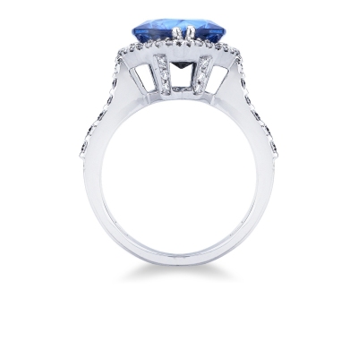 Halo ring white gold 18k with heart cut blue sapphire and diamonds shoulder set 