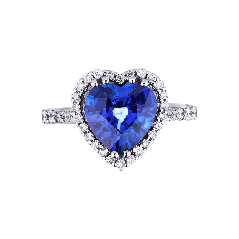 Halo ring white gold 18k with heart cut blue sapphire and diamonds shoulder set 