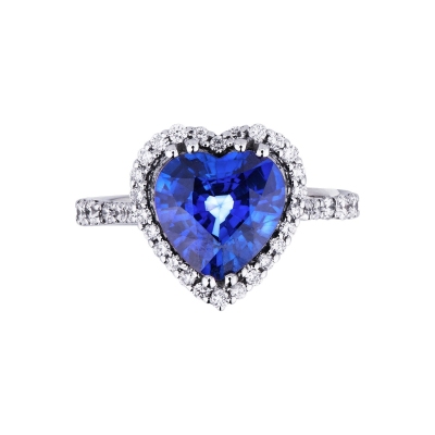 Halo ring white gold 18k with heart cut blue sapphire and diamonds shoulder set 