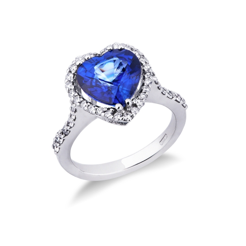 Halo ring white gold 18k with heart cut blue sapphire and diamonds shoulder set 