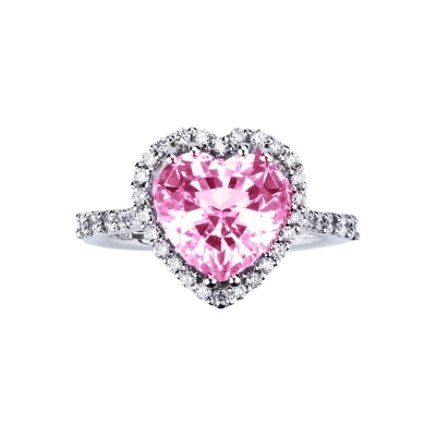 Halo ring white gold 18k with diamonds and a central pink sapphire heart cut