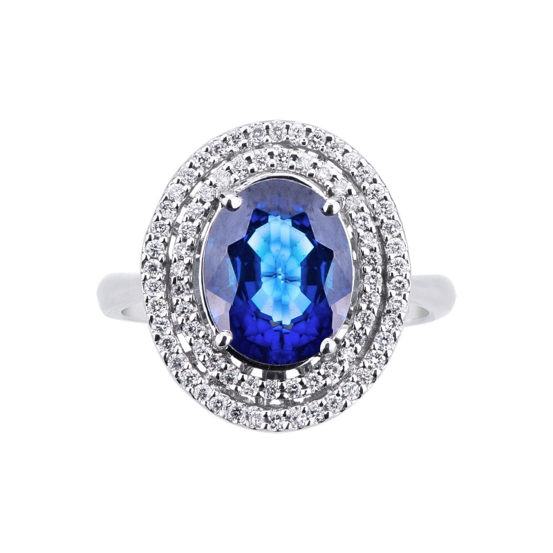 White gold 18k diamond double halo ring with blue sapphire 