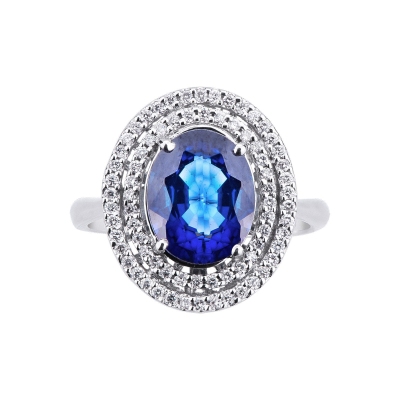 White gold 18k diamond double halo ring with blue sapphire 