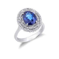White gold 18k diamond double halo ring with blue sapphire 