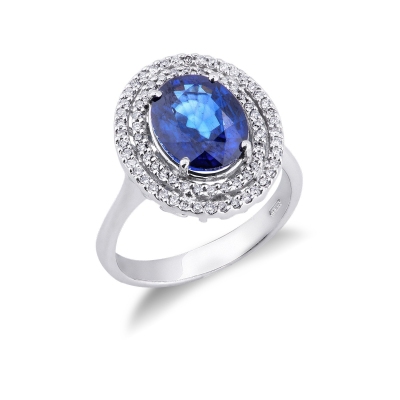 White gold 18k diamond double halo ring with blue sapphire 