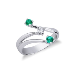18k white gold trilogy engagement ring with 2 emeralds and a diamond
