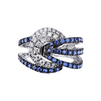 Bow ring in white gold 18k with blue sapphires on burnished tips and diamonds 