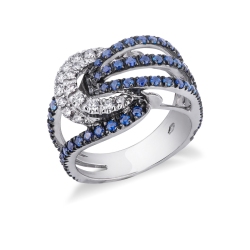 Bow ring in white gold 18k with blue sapphires on burnished tips and diamonds 