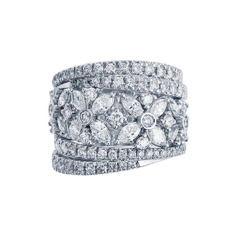 18k white gold band ring with diamonds in a flower pattern 