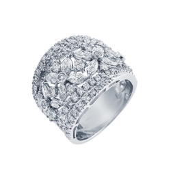 18k white gold band ring with diamonds in a flower pattern 