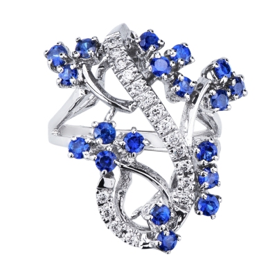 White gold 18k ring with blue sapphires and diamonds 