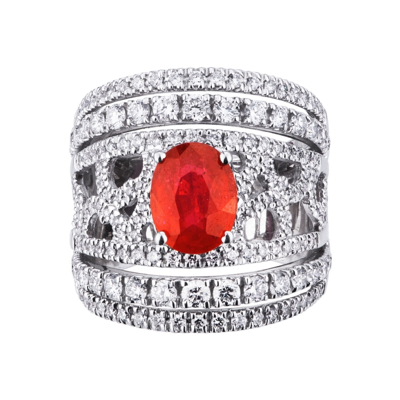 Band Ring 18k White Gold with Diamonds and central ruby 