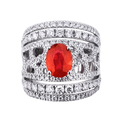 Band Ring 18k White Gold with Diamonds and central ruby 