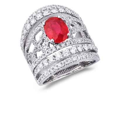 Band Ring 18k White Gold with Diamonds and central ruby 