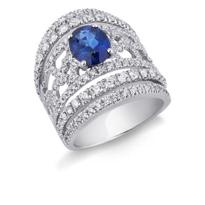 White gold 18k band ring with a central blue sapphire and diamonds 