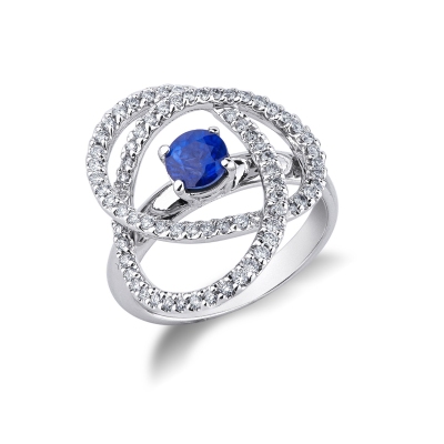 18k white gold ring with a central blue sapphire and diamonds 