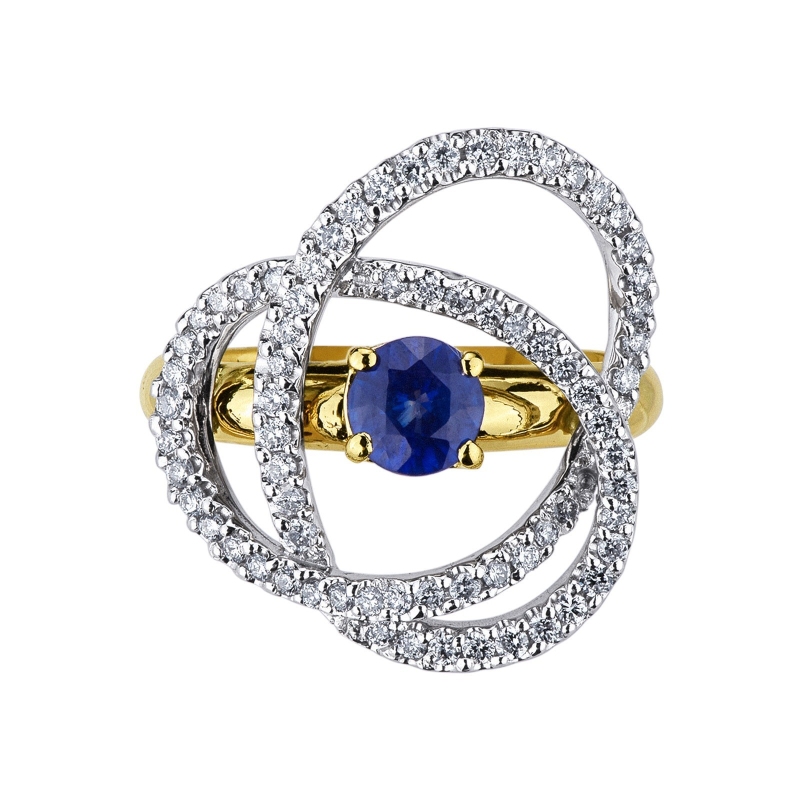 18k white and yellow gold ring with blue sapphires and diamonds 